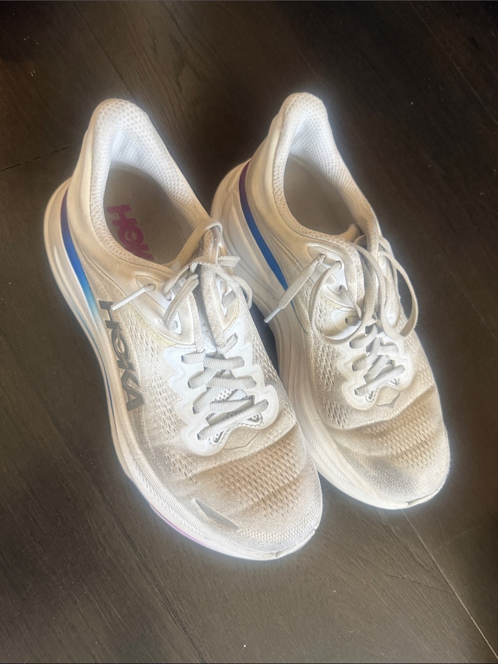 Hoka Women’s White Athletic Running Shoes with Blue and Purple Accents